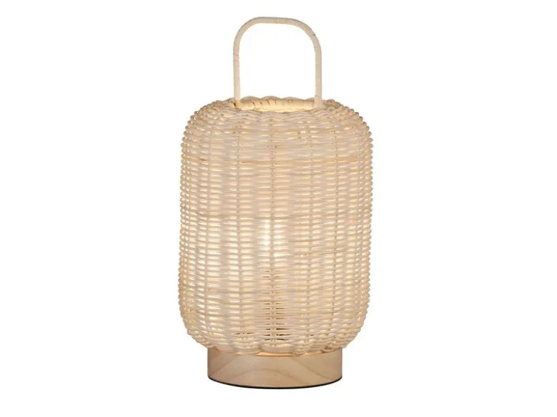 LED Tischlampe dimmbar, Laterne aus Holz & Korbgeflecht, Höhe 28,5cm