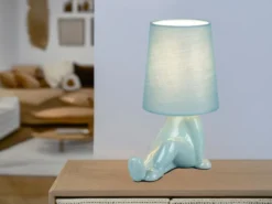LED Tischlampe Keramik Blau mit Stoffschirm, Höhe 24,5cm
