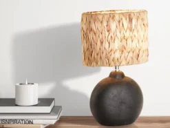 LED Tischlampe Keramikfuß Schwarz mit Seegras Lampenschirm, Höhe 38,5cm