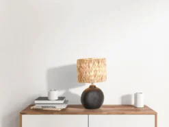 LED Tischlampe Keramikfuß Schwarz mit Seegras Lampenschirm, Höhe 38,5cm