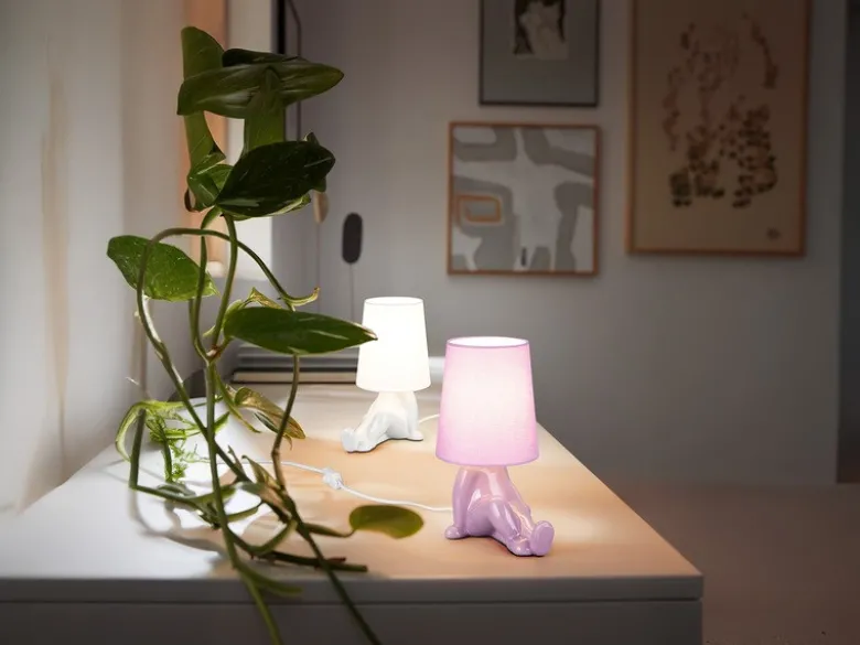 LED Tischlampe Keramik Lila mit Stoffschirm, Höhe 24,5cm