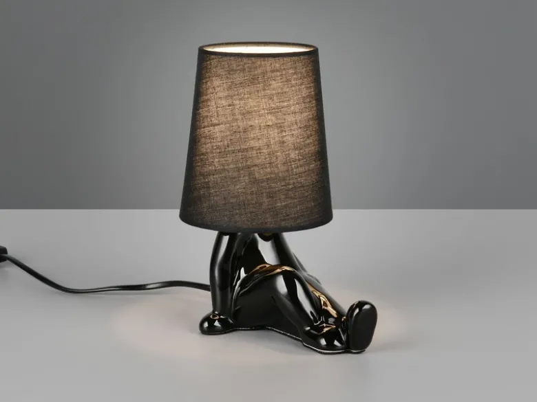 LED Tischlampe Keramik Schwarz mit Stoffschirm, Höhe 24,5cm