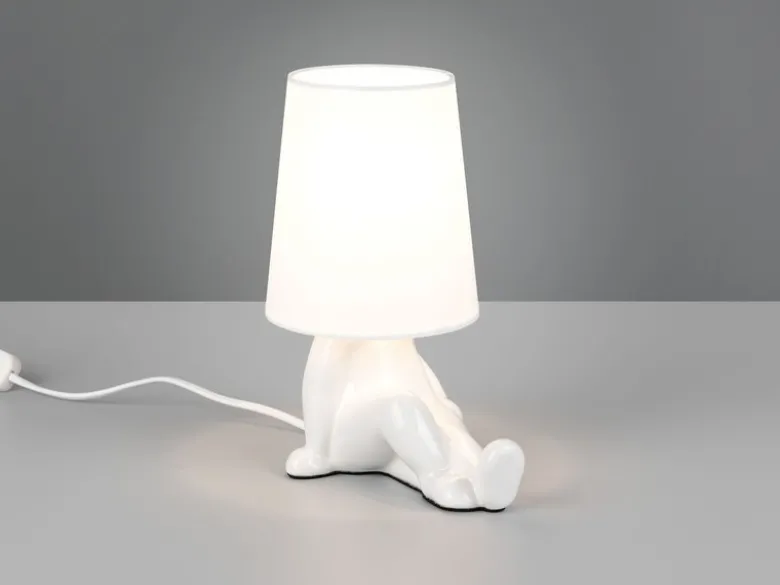 LED Tischlampe Keramik Weiß mit Stoffschirm, Höhe 24,5cm