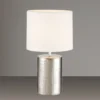 LED Tischlampe mit Keramikfuß Silber Antik & Stoffschirm Leinen Weiß, Höhe 35cm