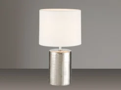 LED Tischlampe mit Keramikfuß Silber Antik & Stoffschirm Leinen Weiß, Höhe 35cm