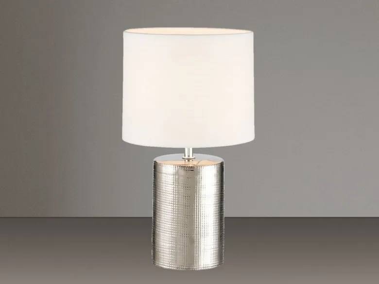 LED Tischlampe mit Keramikfuß Silber Antik & Stoffschirm Leinen Weiß, Höhe 35cm