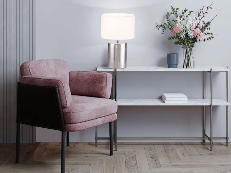 LED Tischlampe mit Keramikfuß Silber Antik & Stoffschirm Leinen Weiß, Höhe 35cm