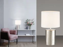 LED Tischlampe mit Keramikfuß Silber Antik & Stoffschirm Leinen Weiß, Höhe 35cm