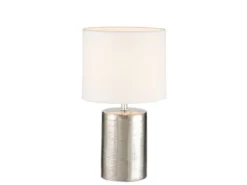 LED Tischlampe mit Keramikfuß Silber Antik & Stoffschirm Leinen Weiß, Höhe 35cm