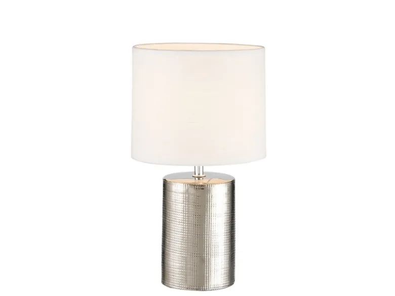 LED Tischlampe mit Keramikfuß Silber Antik & Stoffschirm Leinen Weiß, Höhe 35cm