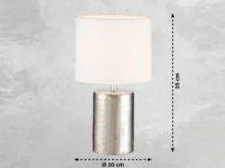 LED Tischlampe mit Keramikfuß Silber Antik & Stoffschirm Leinen Weiß, Höhe 35cm