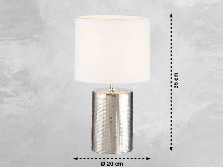 LED Tischlampe mit Keramikfuß Silber Antik & Stoffschirm Leinen Weiß, Höhe 35cm