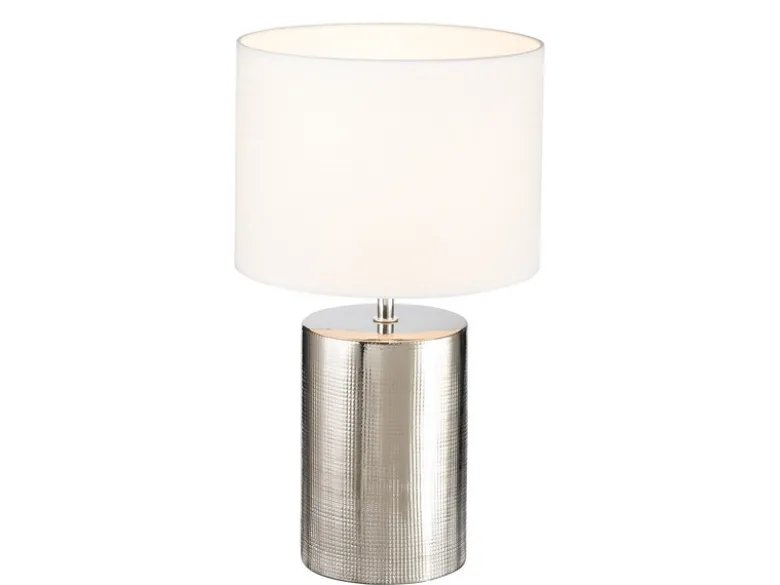 LED Tischlampe mit Keramikfuß Silber Antik & Stoffschirm Leinen Weiß, Höhe 43cm