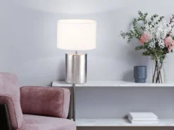LED Tischlampe mit Keramikfuß Silber Antik & Stoffschirm Leinen Weiß, Höhe 43cm