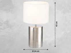 LED Tischlampe mit Keramikfuß Silber Antik & Stoffschirm Leinen Weiß, Höhe 43cm