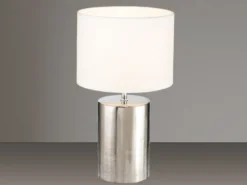 LED Tischlampe mit Keramikfuß Silber Antik & Stoffschirm Leinen Weiß, Höhe 43cm
