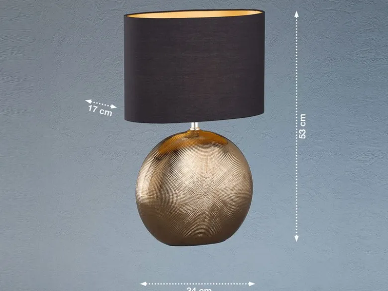LED Tischlampe mit Keramikfuß Bronze Antik & Stoffschirm Schwarz Gold, Höhe 53cm
