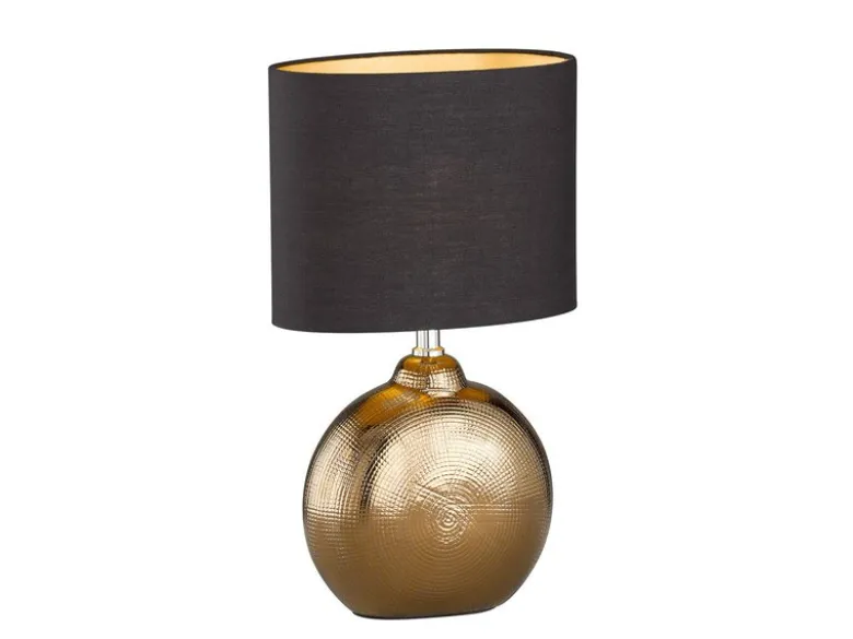 LED Tischlampe mit Keramikfuß Bronze Antik & Stoffschirm Schwarz Gold, Höhe 39cm