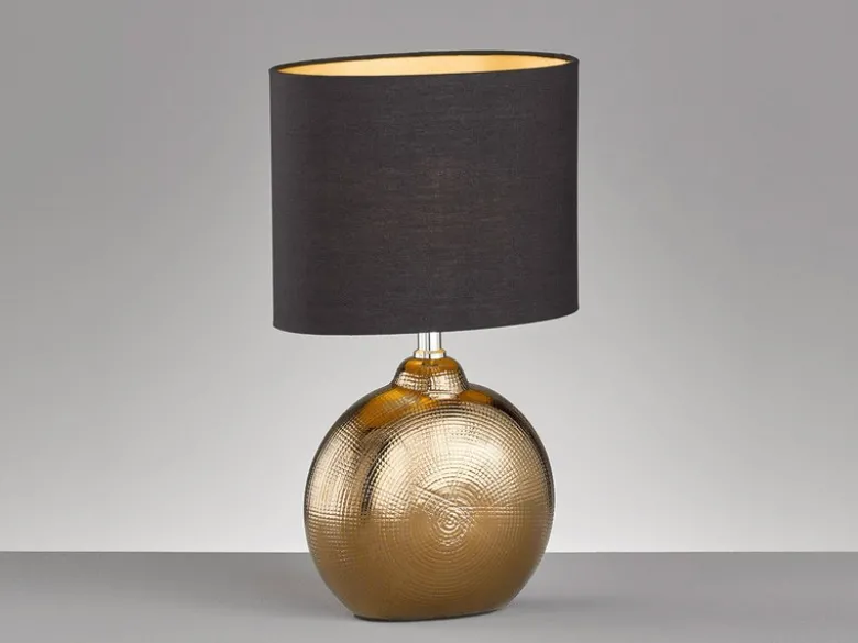 LED Tischlampe mit Keramikfuß Bronze Antik & Stoffschirm Schwarz Gold, Höhe 39cm