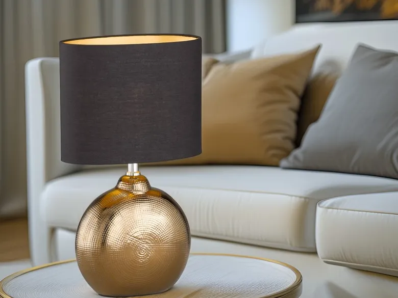 LED Tischlampe mit Keramikfuß Bronze Antik & Stoffschirm Schwarz Gold, Höhe 39cm