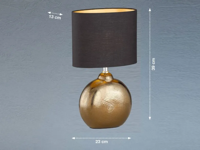 LED Tischlampe mit Keramikfuß Bronze Antik & Stoffschirm Schwarz Gold, Höhe 39cm