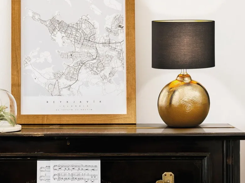 LED Tischlampe mit Keramikfuß Bronze Antik & Stoffschirm Schwarz Gold, Höhe 39cm