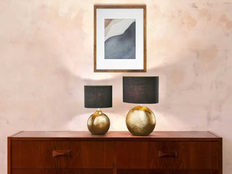 LED Tischlampe mit Keramikfuß Bronze Antik & Stoffschirm Schwarz Gold, Höhe 39cm