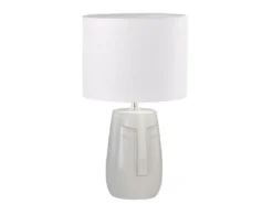 LED Tischlampe mit Keramikfuß Beige & Leinenschirm Weiß, Höhe 39cm