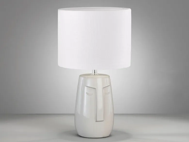 LED Tischlampe mit Keramikfuß Beige & Leinenschirm Weiß, Höhe 39cm