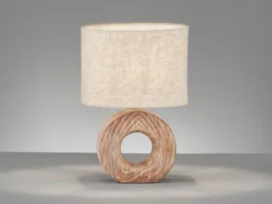 LED Tischlampe mit Keramikfuß Holzoptik & Leinenschirm Beige, Höhe 31cm