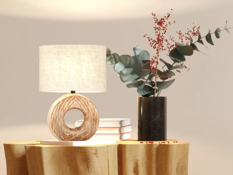 LED Tischlampe mit Keramikfuß Holzoptik & Leinenschirm Beige, Höhe 31cm