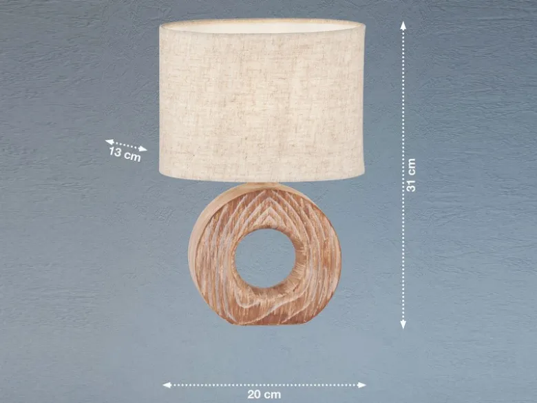 LED Tischlampe mit Keramikfuß Holzoptik & Leinenschirm Beige, Höhe 31cm