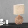 LED Tischlampe mit Keramikfuß Holzfarben & Lampenschirm Leinen Beige, Höhe 39cm