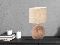 LED Tischlampe mit Keramikfuß Holzfarben & Lampenschirm Leinen Beige, Höhe 39cm