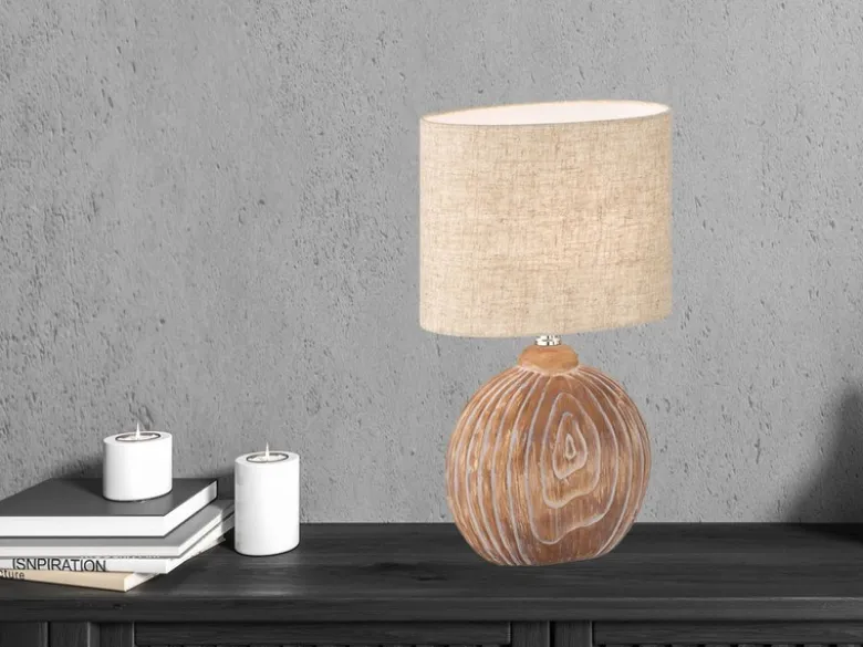 LED Tischlampe mit Keramikfuß Holzfarben & Lampenschirm Leinen Beige, Höhe 39cm