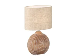 LED Tischlampe mit Keramikfuß Holzfarben & Lampenschirm Leinen Beige, Höhe 39cm