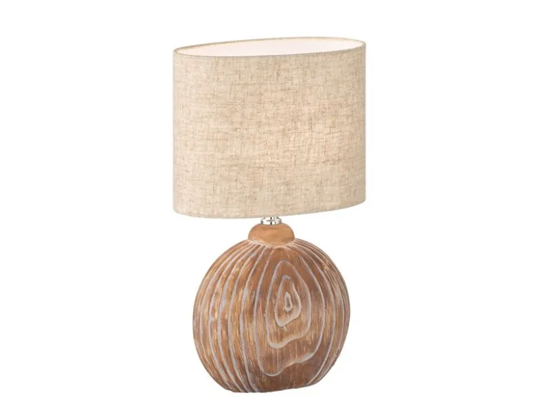 LED Tischlampe mit Keramikfuß Holzfarben & Lampenschirm Leinen Beige, Höhe 39cm