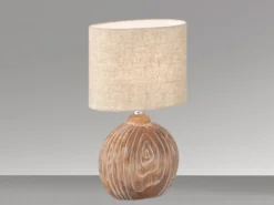 LED Tischlampe mit Keramikfuß Holzfarben & Lampenschirm Leinen Beige, Höhe 39cm