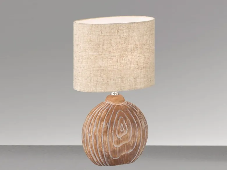LED Tischlampe mit Keramikfuß Holzfarben & Lampenschirm Leinen Beige, Höhe 39cm