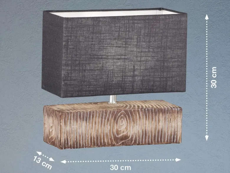 LED Tischlampe mit Keramikfuß Holzoptik & Leinenschirm Grau, Höhe 30cm