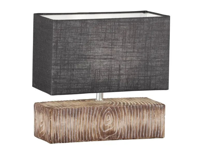 LED Tischlampe mit Keramikfuß Holzoptik & Leinenschirm Grau, Höhe 30cm