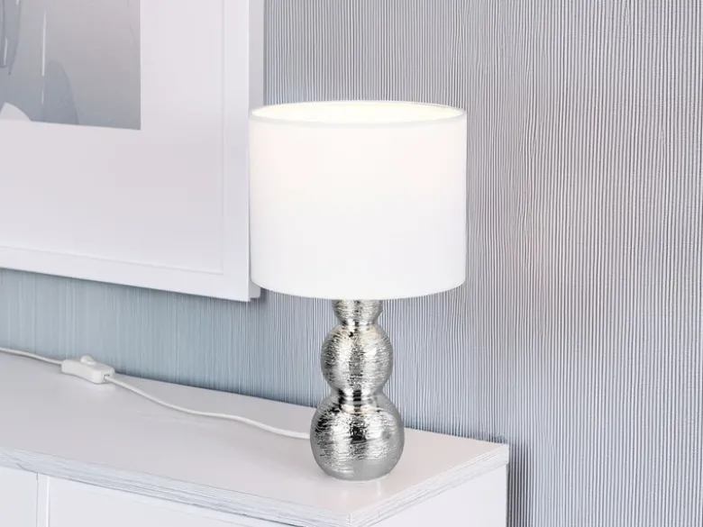LED Tischlampe mit Keramikfuß Silber & Stoffschirm Weiß, Höhe 29cm