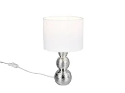 LED Tischlampe mit Keramikfuß Silber & Stoffschirm Weiß, Höhe 29cm