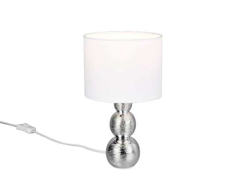 LED Tischlampe mit Keramikfuß Silber & Stoffschirm Weiß, Höhe 29cm