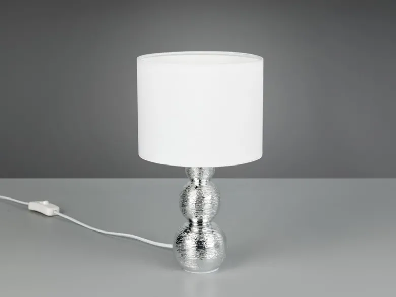 LED Tischlampe mit Keramikfuß Silber & Stoffschirm Weiß, Höhe 29cm