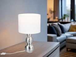 LED Tischlampe mit Keramikfuß Silber & Stoffschirm Weiß, Höhe 29cm