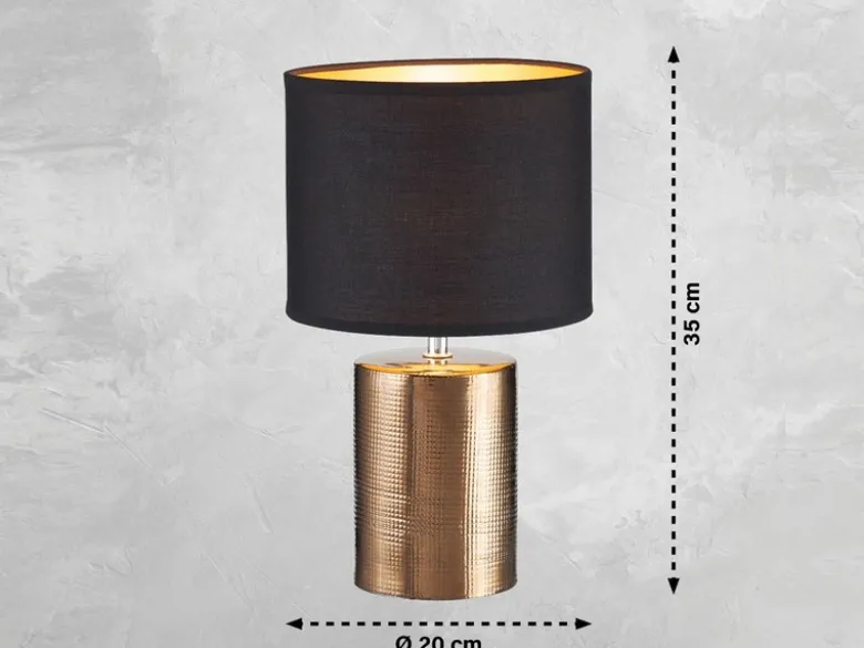 LED Tischlampe mit Keramikfuß & Stoffschirm Schwarz innen Gold, Höhe 35cm