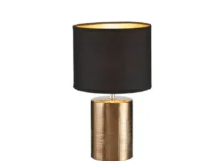 LED Tischlampe mit Keramikfuß & Stoffschirm Schwarz innen Gold, Höhe 35cm