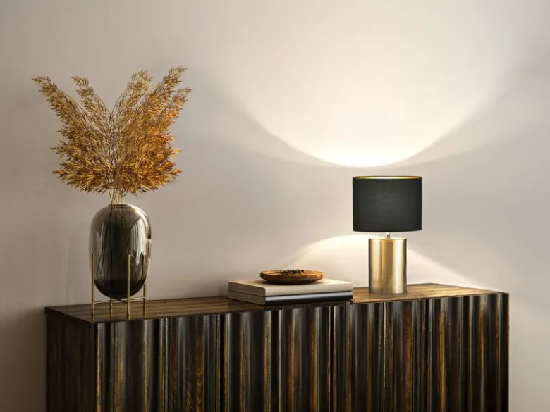 LED Tischlampe mit Keramikfuß & Stoffschirm Schwarz innen Gold, Höhe 35cm