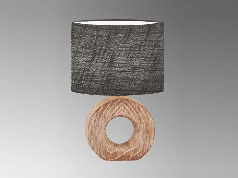 LED Tischlampe mit Keramikfuß Holzoptik & Leinenschirm Grau, Höhe 31cm